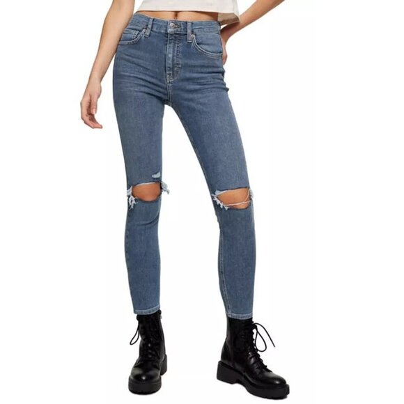 2/$30 Topshop Jamie High Rise Ripped Ankle Crop Skinny Mid Denim Tint W28P #9299 - Picture 1 of 10